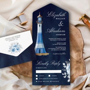 watercolor lighthouse navy blue nautical wedding   all in one invitation