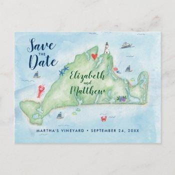watercolor marthas vineyard map save the date announcement postcard