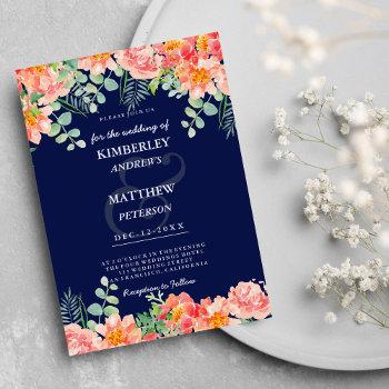 watercolor navy blue coral pink botanical wedding invitation