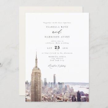 watercolor new york city skyline painting wedding invitation