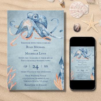 watercolor octopus sea life beach wedding invitation