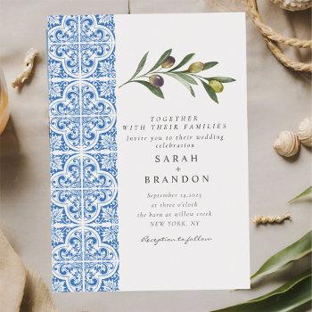 watercolor olive blue tile mediterranean wedding invitation