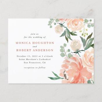 watercolor peach & blush pink floral wedding invitation postcard