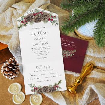 watercolor pine greenery script christmas wedding all in one invitation