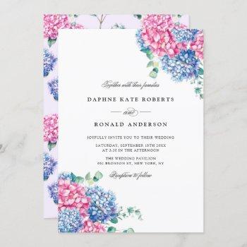 watercolor pink and blue hydrangeas wedding invitation