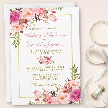 watercolor pink blush floral gold wedding invitation