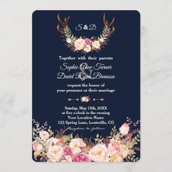 Small Watercolor Pink Blush Flowers Antlers Navy Wedding Front View