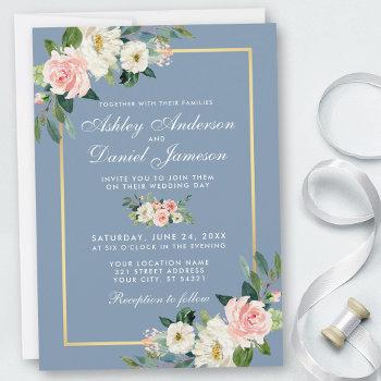 watercolor pink white floral dusty blue wedding invitation