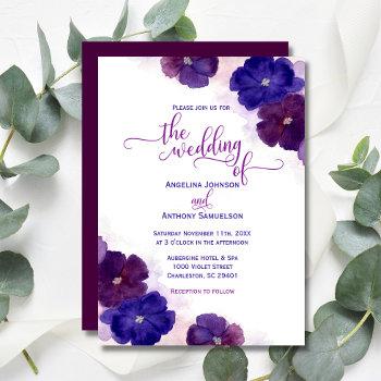 watercolor purple plum royal blue floral wedding invitation