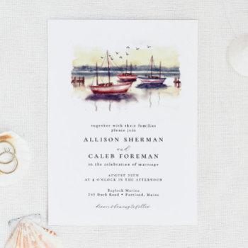 watercolor red blue sailboats harbor ocean wedding invitation
