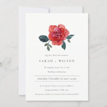 Small Watercolor Red Green Rose Floral Wedding Invite Front View