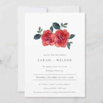Small Watercolor Red Green Rose Floral Wedding Invite Front View