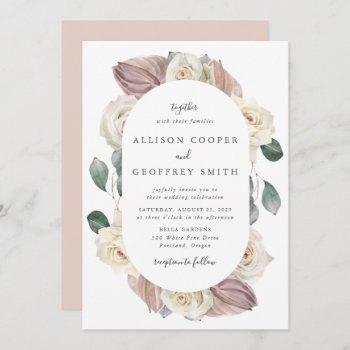 watercolor roses and orchids oval frame wedding invitation
