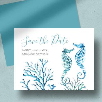 Small Watercolor Seahorse And Coral Save The Date Front View