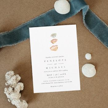 watercolor seashells elegant minimalist wedding invitation