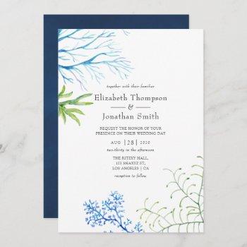 watercolor seaweed beach themed wedding invitation