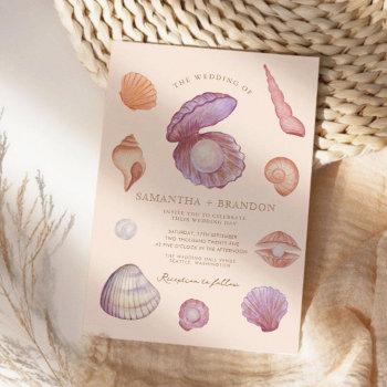 watercolor summer ocean seashell pearl wedding invitation