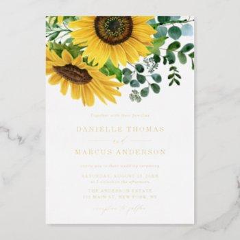 watercolor sunflowers and eucalyptus wedding foil invitation