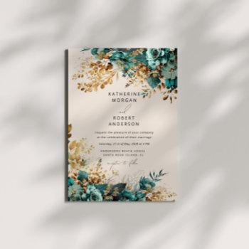 watercolor teal gold floral wedding invitation