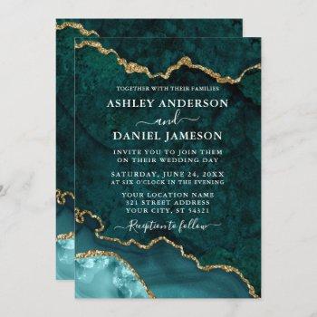 watercolor teal gold marble agate geode wedding invitation