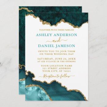 watercolor teal white gold geode marble wedding invitation