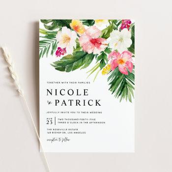 watercolor tropical flowers and greenery wedding invitation