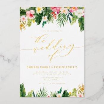 watercolor tropical flowers summer wedding foil invitation