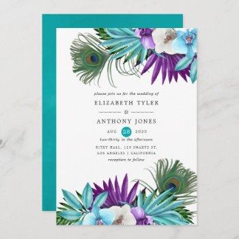 watercolor tropical orchids peacock wedding invitation