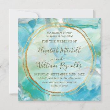 Small Watercolor Turquoise Gemstone | Gold Rings Wedding Front View