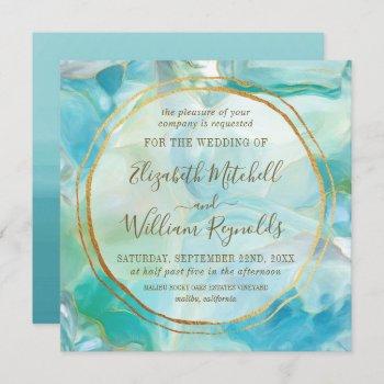 watercolor turquoise gemstone | gold rings wedding invitation