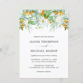 watercolor white orchids and kumquats wedding invitation