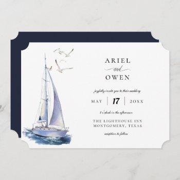 watercolor yacht nautical theme wedding invitation
