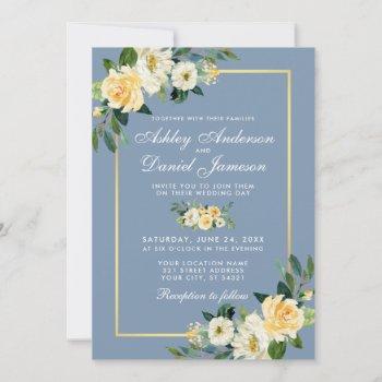watercolor yellow white floral dusty blue wedding invitation