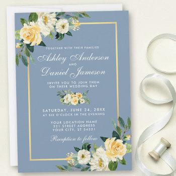 watercolor yellow white floral dusty blue wedding invitation