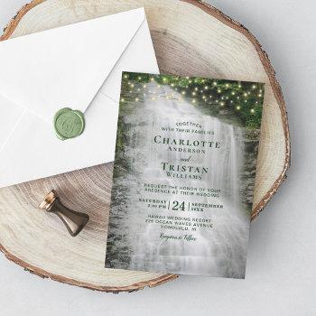 waterfall rustic forest string lights wedding invitation