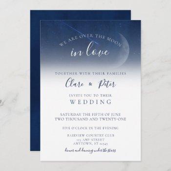 we are over the moon starry night navy wedding invitation