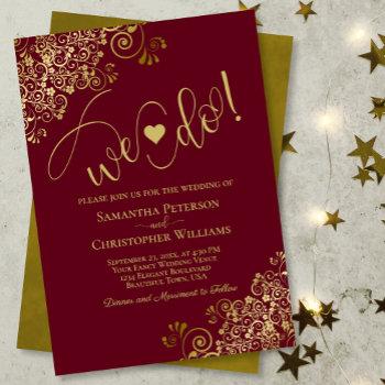 we do! elegant frilly burgundy & gold wedding invitation