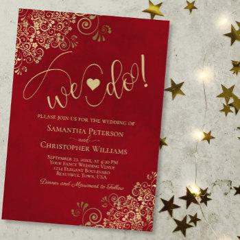 we do! elegant frilly crimson red & gold wedding invitation