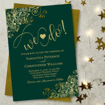 we do! elegant frilly emerald green & gold wedding invitation