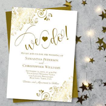 we do! elegant frilly gold & white wedding invitation