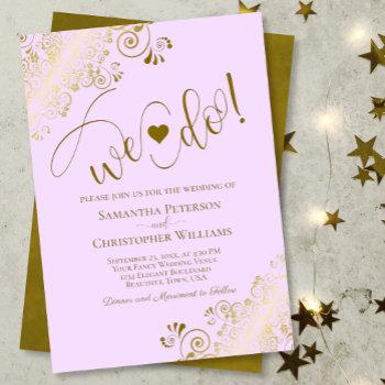 we do! elegant frilly lilac purple & gold wedding invitation