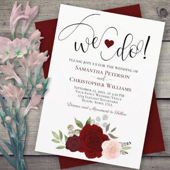 we do! elegant red & pink roses boho wedding invitation