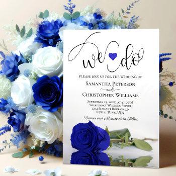 we do! elegant royal blue rose romantic wedding invitation
