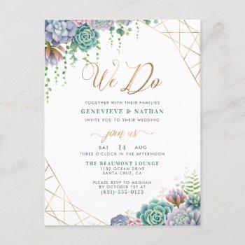 "we do" gold glitter script & succulents wedding invitation postcard