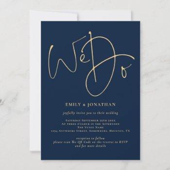 we do gold script qr code navy blue wedding invita invitation