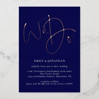 we do navy qr code rose gold real foil wedding foil invitation