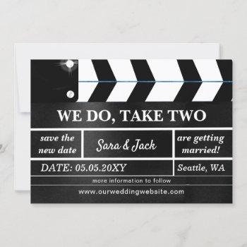 we do take two movie clapboard wedding postponed save the date