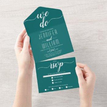 we do teal blue white script calligraphy wedding all in one invitation