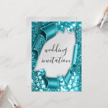 wedding 3d cart effect elegant silver teal glitter invitation