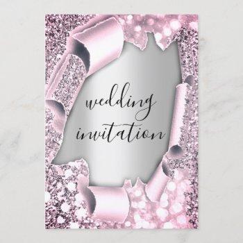 wedding 3d effect elegant pink  silver glitter invitation